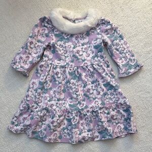 Janie and Jack Winter Floral Dress with Faux Fur Collar